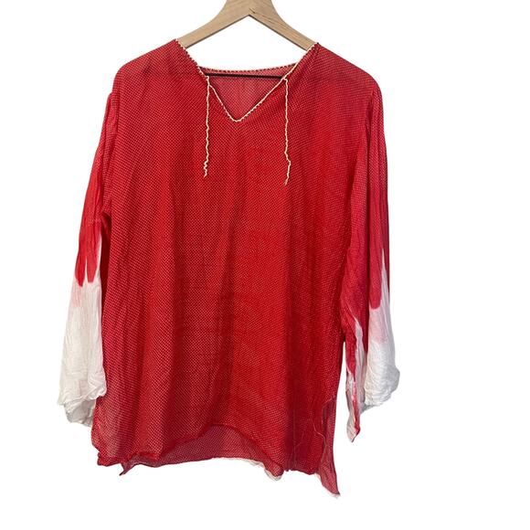 Lightweight Trumpet Sleeve Blouse Red & White Tiny Dot Tie Dye Raw Hem Handmade? - Picture 1 of 10